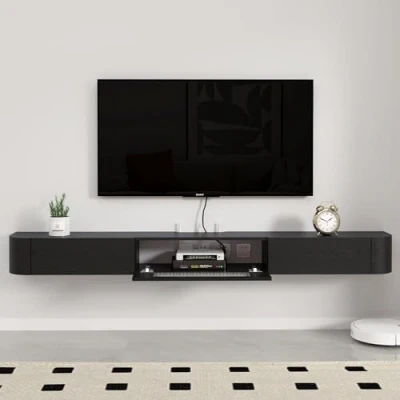 Image of Pmnianhua Floating TV Stand, Solid Wood Wall Mounted Cabinet, Shelves with Glass Door &amp; Drawers, Mid Century Entertainment Media Console Center Large Storage Under (180cm, Black)