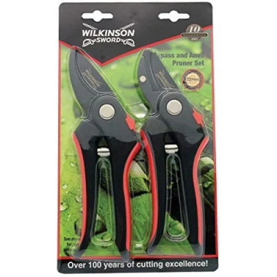 Image of Bargainstore Wilkinson Sword P 1111243W Bypass &amp; Anvil Pruners Secateurs Carbon Hand Tools Twin Pack Set Gardening