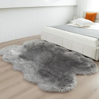 Image of JXLOULAN Fluffy Sheepskin Grey Rug 120 x 160 cm Faux Fur Area Rugs for Bedroom Decor Living Room Chair Sofa