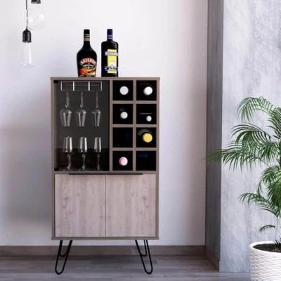 Image of Home Source Drinks Cabinet, 3 Door Cupboard and Glass Storage, Smoked Oak Effect, 8 Shelf Bottle Rack, Engineered Wood