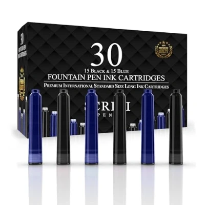 Image of SCRIVI PENS Fountain Pen Ink Refills Set of 30 Black &amp; Blue Cartridges International Standard Size Length APPR 2.04 Inch Base Diameter 0.24 Disposable and Generic