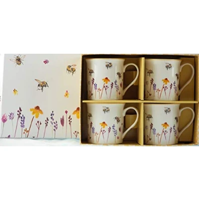 Image of Lesser &amp; Pavey Pretty Water Colour Busy Bees Design Fine China Mugs (Set of 4)220 ml