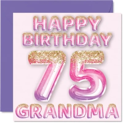 Image of 75th Birthday Card for Grandma Pink &amp; Purple Glitter Balloons Happy Cards 75 Year Old from Grandson Granddaughter, 145mm x Bday Greeting Gift