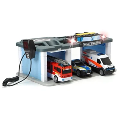 Image of Dickie Toys 203716015 Center Centre Rescue Station with Radio, Police, Ambulance, Fire Brigade, Light and Sound Effects, for Children from 3 Years, Multicoloured, One Size