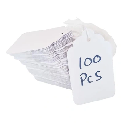 Image of Swift Strung Tags White Card Clothing Parcel Label String Hanging Gift Swing Tickets Kraft Hang Price Labelling 73mm x 45mm (Pack of 100)