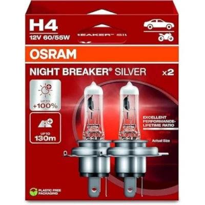 Image of OSRAM NIGHT BREAKER® SILVER, H4, halogen headlight lamps, Hanging folding box (2 lamps)