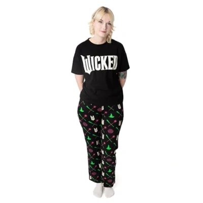 Image of Wicked Womens Pyjama Set Adults Logo Graphic Short Sleeve Top &amp; Long Leg PJ Bottoms in Black Ladies Witches Pointed Hat and Flying Broom All Over Print Nightwear Movie Merchandise Gift