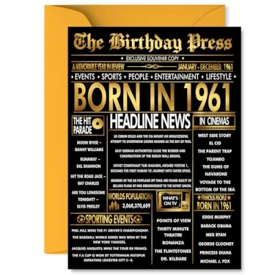Image of Gold 64th Birthday Card for Men Women Black &amp; Golden Newspaper Born in 1961 Happy 64 Cards Grandad Neighbour Friend Nanny Brother Sister, 5x7 Inch Bday Greeting