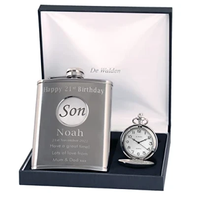 Image of Engraved 21st Birthday Pewter Son Feature Pocket Watch and Hip Flask Gift Set in a Quality Box