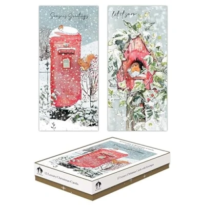Image of Tallon Festive Wonderland XCA0216 Luxury Slim Christmas Xmas Cards, Box of 12, Postbox &amp; Robin