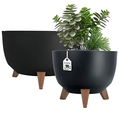 Image of KADAX Elevated Plant Pot, Set of 2, Large Plastic Planter with Legs for Indoor and Outdoor Use, Durable Round (29 cm 39,5 cm, Black)