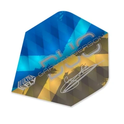 Image of Unicorn Ultrafly Dart Flights Gary &#039;The Flying Scotsman&#039; Anderson Duo Gold &amp; Blue Design Durable 100 Micron Polyester PET Set of 3 Standard Plus Shape