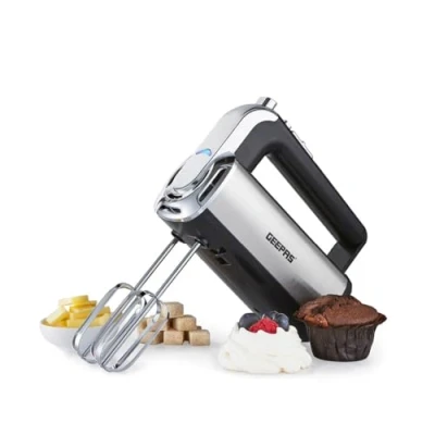 Image of GEEPAS Electric Hand Mixer Whisk with Storage Base, 5 Speed &amp; Turbo, Eject Button Handheld Food Collection Cake Mixer, Stainless Steel Beaters Dough Hooks for Whipping Cream 400W, Black