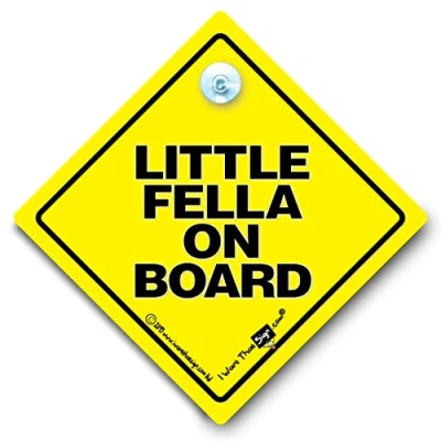 Image of iwantthatsign.com Little Fella On Board Car Sign, Baby Sign Yellow and Black Suction Cup