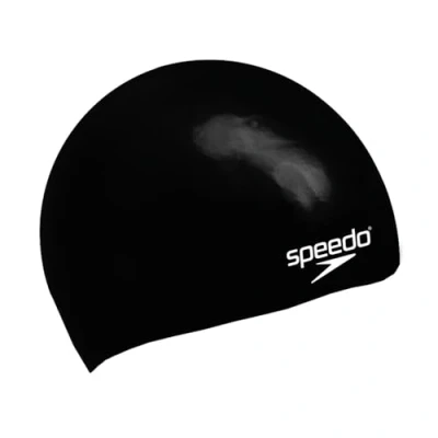 Image of Speedo Junior Plain Moulded Silicone Swimming Cap Dry Hair Kids Swim, Black, One Size