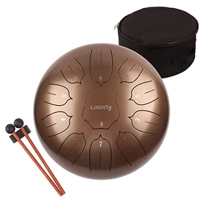 Image of Lomuty 12 Inches 30 CM Steel Tongue Drum 11 Notes C Major Tuned Percussion Instrument Handpan with Bag, Music Book, Mallets and Finger Picks(Brown)