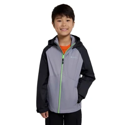 Image of Mountain Warehouse Torrent Kids Waterproof Rain Jacket Taped Seams Raincoat, Lightweight, Breathable, Girls &amp; Boys Rainwear For Autumn, Winter, Wet Weather Alloy Grey Size 7 8 Years