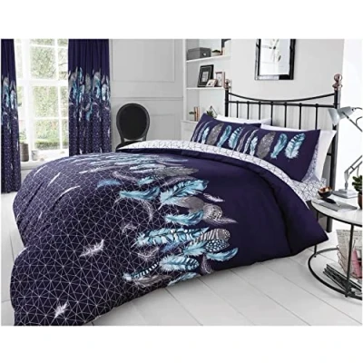 Image of FAIRWAYUK Feathers Navy Duvet Cover Set King, Reversible Quilt Bedding With Pillowcase, Ultra Soft, Easy Care