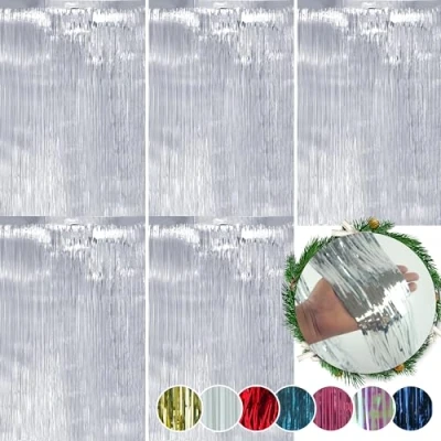 Image of SRV Hub® 5Pk Silver Christmas Hanging Foil Lametta, Backdrop Curtains for Birthday, Prom, New Year, Bachelorette, Disco Party Decorations Size 50cm (Silver Lametta)