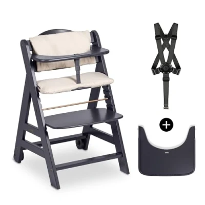 Image of hauck Beta+, Dark Grey Wooden High Chair Set from 6 Months to 90 kg with Wheels, Seat Cushion, Tray &amp; Bumper Bar, 5 Point Harness Crotch Strap Made FSC Certified Beechwood