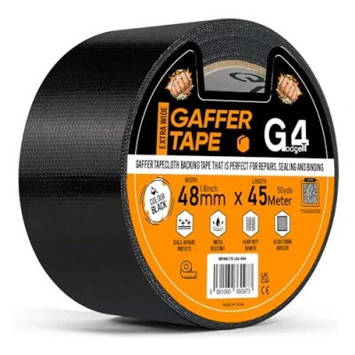 Image of G4GADGET Gaffer Tape Black 48mm x 45m (1 Roll) Heavy Duty Duct Tape, Waterproof Adhesive Cloth Tear Resistant and Multi Purpose for Indoor Outdoor Use