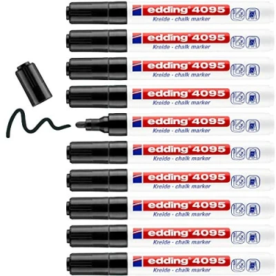 Image of edding 4095 chalk marker black 10 pens round tip 2 3 mm medium tipped wet wipe pen for chalkboards, windows, glass, mirrors liquid opaque coverage