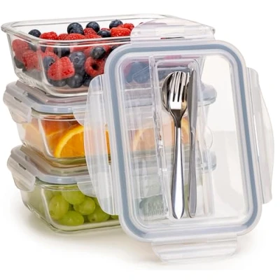 Image of Igluu Meal Prep Glass Containers with Cutlery Lid Airtight Portion Control Food Storage BPA Free Microwavable, Oven &amp; Dishwasher Safe 1050ml (3 pack)