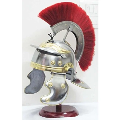Image of Roman Centurion Medieval Knight Helmet Warrior Armor Halloween costume Metal Red Plume with inner liner