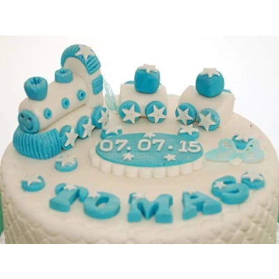 Image of Personalised Edible Train Set Boy CHRISTENING Handmade Sugarpaste Cake Topper Decoration.PLEASE SEND YOUR PERSONALISATION INFORMATION BY SELECTING &quot;CONTACT SELLER&#039;&quot;IN ORDERS SECTION