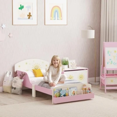 Image of AIYAPLAY Toddler Bed, Sun Themed Kids Bed Frame with Storage, Pink
