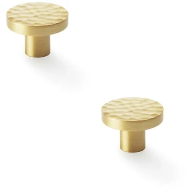 Image of 2 Pack Slim Hammered Door Knob Satin Brass 38mm Round Cupboard Cabinet Pull Handle