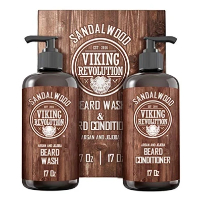 Image of Viking Revolution Beard Shampoo And Conditioner Natural Wash &amp; With Argan Jojoba Oils Softens Strengthens Gifts For Men Sandalwood 2 x 500 ml