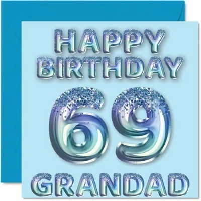 Image of 69th Birthday Card for Grandad Blue Glitter Party Balloons Happy Cards 69 Year Old from Grandson Granddaughter, 145mm x Bday Greeting Gift