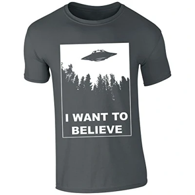 Image of Mens I Want to Believe UFO Aliens X Files Inspired T Shirt Charcoal Grey (XXL)