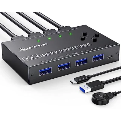 Image of USB 3.0 Switch 4 Computers,MLEEDA Port Selector Sharing Devices,Keyboard Mouse Switch,USB Switcher Compatible with Mac/Windows/Linux,Wired Remote and Cable Included
