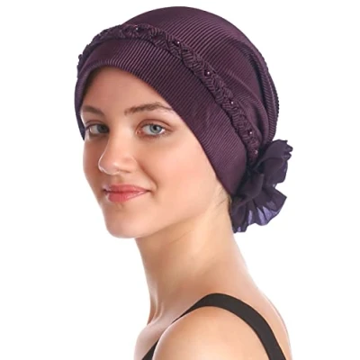 Image of Deresina Women Braided Beaded Chemo Turban for Hair Loss (Mulberry One Size)