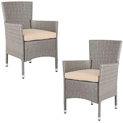 Image of CASARIA® Set of 2 Polyrattan Garden Chairs Stackable Weatherproof High Back Armchairs with 7cm Padded Seat Cushions 160kg Load Capacity Outdoor Patio Balcony Furniture Cream