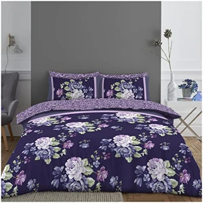 Image of GC GAVENO CAVAILIA 4 Piece Floral Complete Bedding King Size, Super Soft Reversible Leaf Duvet Cover Quilt Set &amp; Bed Sheet With Pillow Cases, Purple