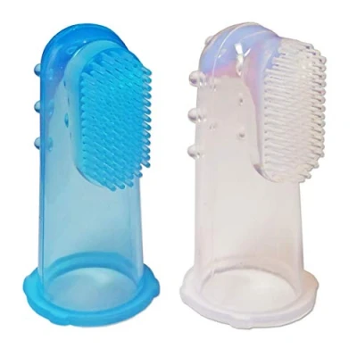Image of 2 x Baby Silicone Finger Toothbrush Infant Gums Massager Brush (Clear &amp; Blue)