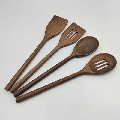 Image of Wooden Spoons for Cooking 4 Pcs Utensils 14&quot; Natural Black Walnut Wood Spatulas Spoon Nonstick Kitchen Utensil Set Slotted Spatula