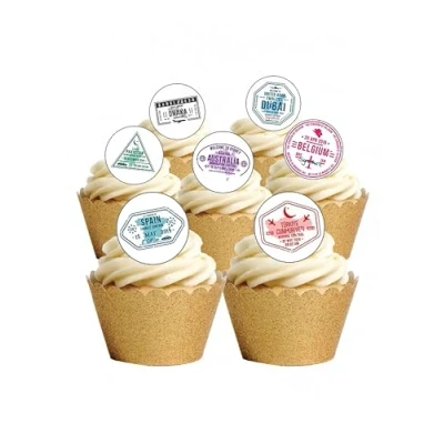 Image of 24 Pre Cut Travel Passport Custom Stamps Edible Wafer Paper Round Cake Toppers Decorations