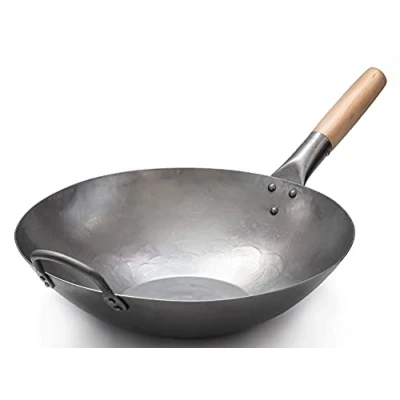 Image of Craft Wok Flat Hand Hammered Carbon Steel Pow with Wooden and Helper Handle (14 Inch, Bottom) / 731W316
