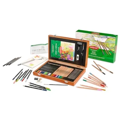 Image of Derwent Academy Wooden Gift Box,Complete 35 Piece Art Set with Colouring Pencils,Pastels &amp; Accessories, Ideal Collection for Drawing, Sketching Crafts, Premium Hobbyist Quality Kit, 2300147