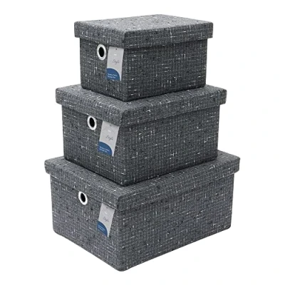 Image of JVL Shadow Rectangular Fabric Storage Baskets with Lids, Set of 3