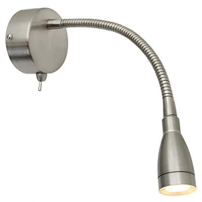 Image of Long Life Lamp Company LED Bedside Reading Light Wall Mounted Switched Flexible Arm Headboard Brushed Chrome 3000k H3049