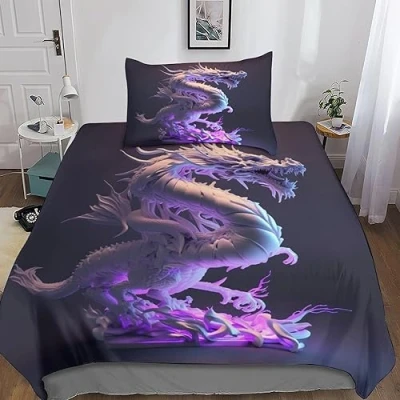Image of GEEYOU Brave Dragon Duvet Cover Microfiber Bedding Set, 3D Print Cartoon Quilt Pillowcase, With Zipper Closure, Soft Comforter for Men Woman Kids 3 Piece Set Single（135x200cm）