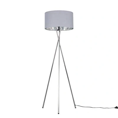 Image of MiniSun Modern Polished Chrome Metal Tripod Floor Lamp with a Grey &amp; Cylinder Shade Complete 6w LED Bulb [3000K Warm White]