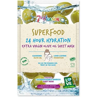 Image of 7th Heaven Superfood Intense Hydration Extra Virgin Olive Oil Biodegradable Bamboo Sheet Mask to Cleanse Skin for Long Lasting Ideal All Types