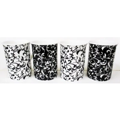 Image of fromeuropewithlove Venetian Mugs Set of 4 Fine Bone China Black &amp; White Swirl Leaves Cups Hand Decorated in the UK