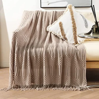 Image of LumiSyne Knitted Throw Blanket With Tassel Solid Color Bubble Pattern Cozy Soft Throws Bedspread Couch Cover Decorative For Sofa Bed Settee 230x130cm